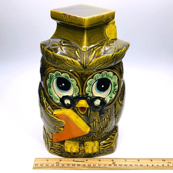 Vintage 60s Wise Owl Cookie Jar: Mid-Century Kitsch Ceramic Countertop Canister - Picture 13 of 15